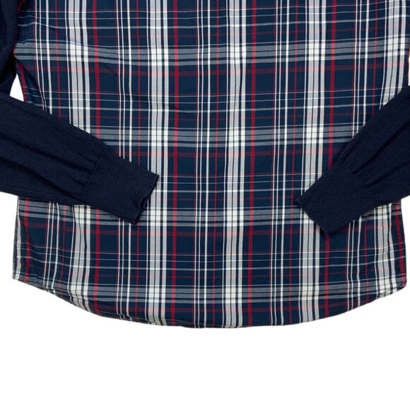 Desigual Button Front Shirt L Blue Plaid Knit Long Sleeve Elbow Patch Graphics - Picture 9 of 11